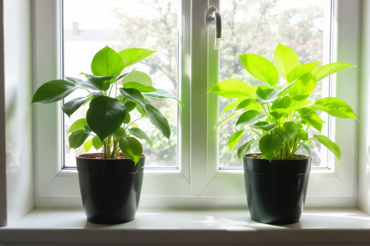 Two green potted plants on a white window sill with a bright outdoor background.