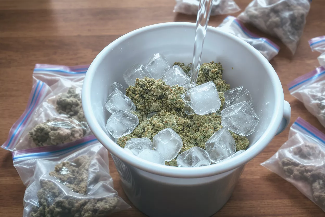 Cannabis Ice Water Extraction Water pouring into a white bowl of cannabis and ice cubes for extraction.