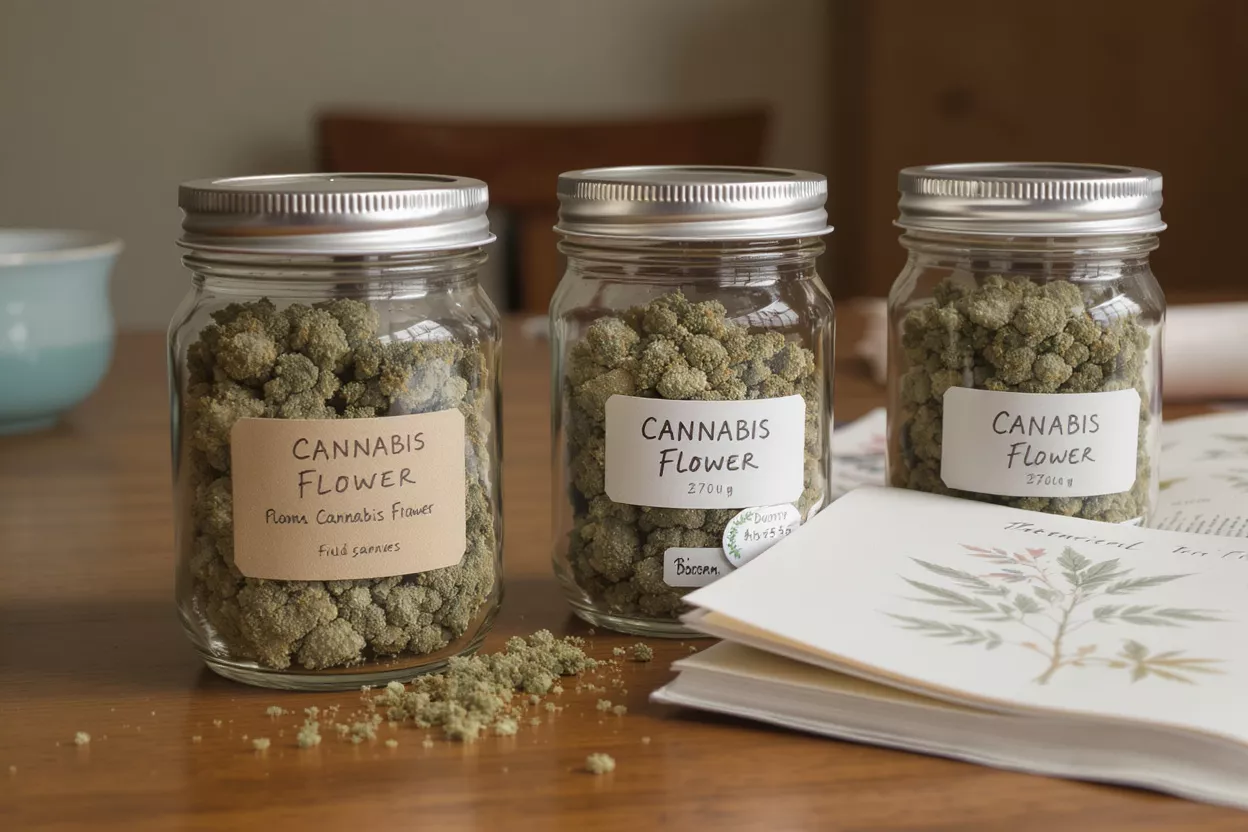 Cannabis Flower in Jars Three glass jars filled with cannabis flower on a wooden table, with labels.