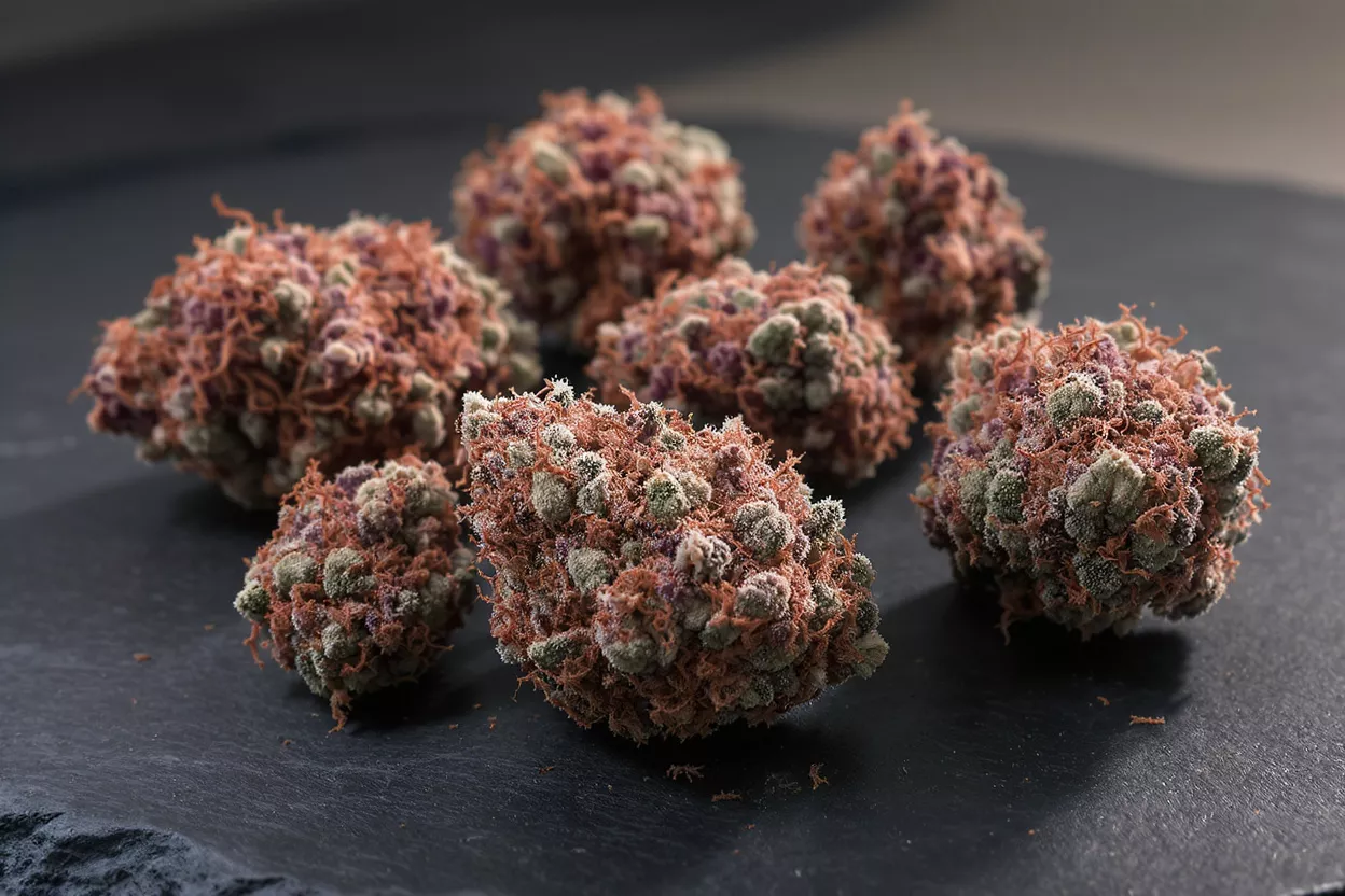 Several purple haze cannabis buds with orange hairs and white trichomes on a dark surface.