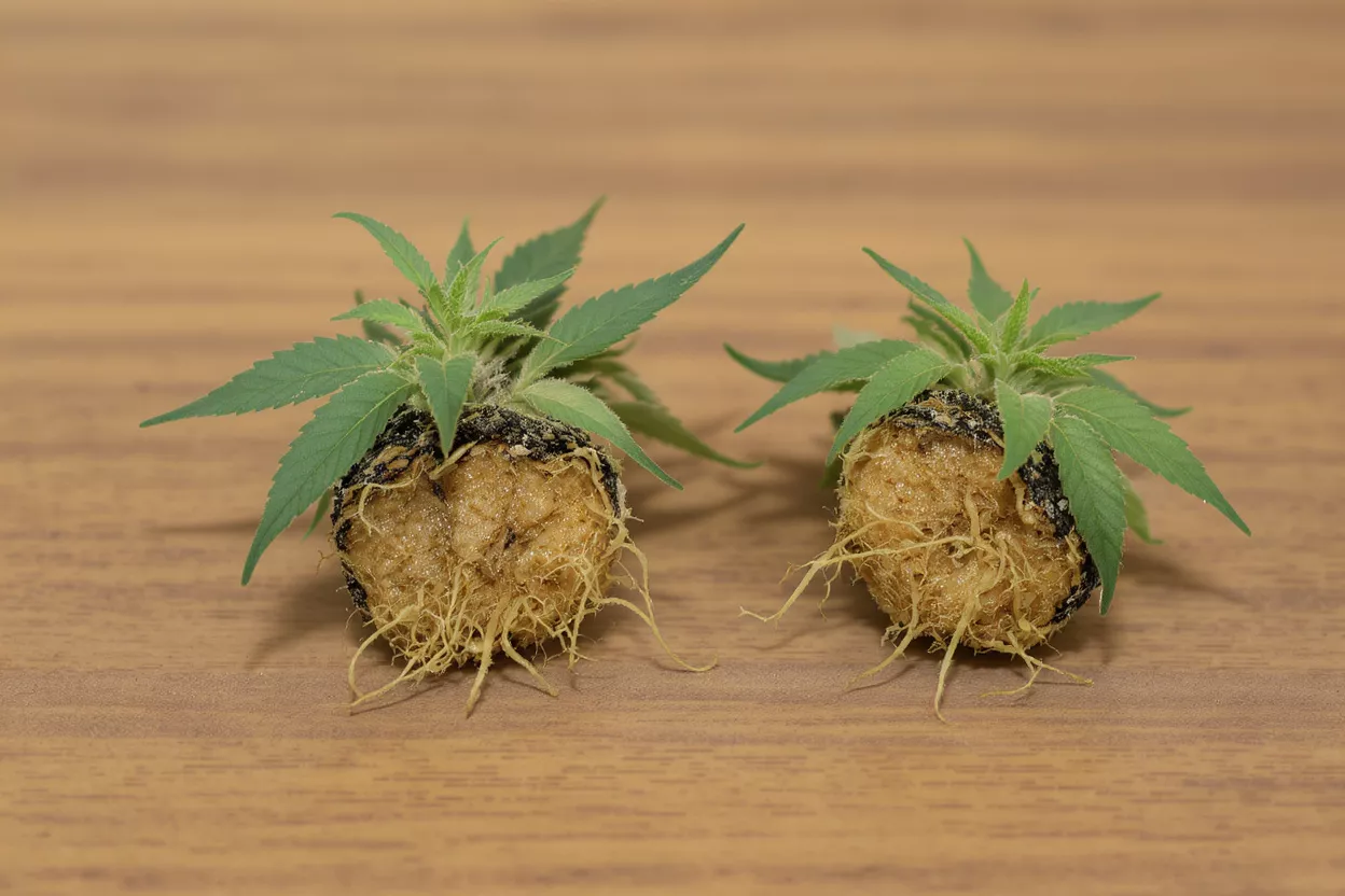 Clones de cannabis sains Deux clones de cannabis avec racines visibles sur une surface en bois, prêts pour la plantation.