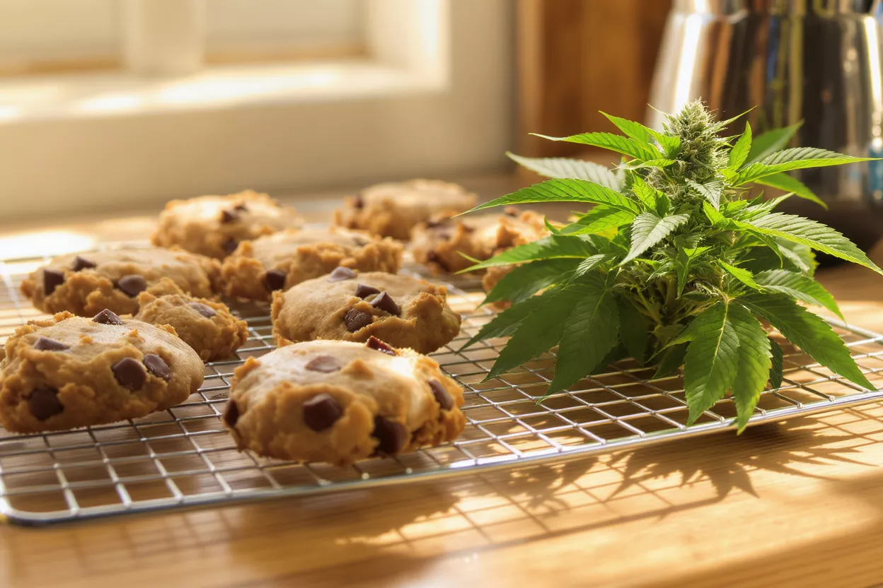 Galletas de Cannabis y Planta Galletas con chispas de chocolate y una planta de cannabis en una rejilla de enfriamiento.