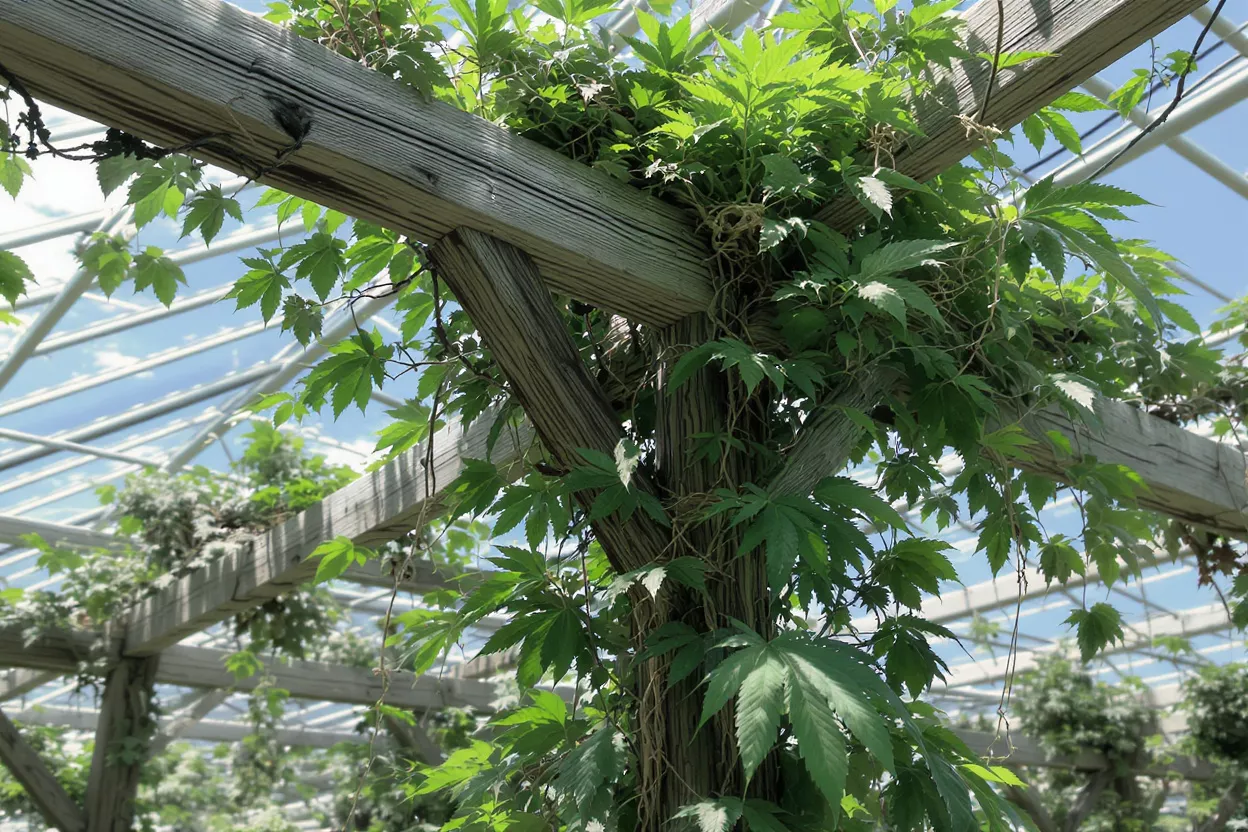 Lush green vines growing on a weathered wooden trellis inside a bright greenhouse.