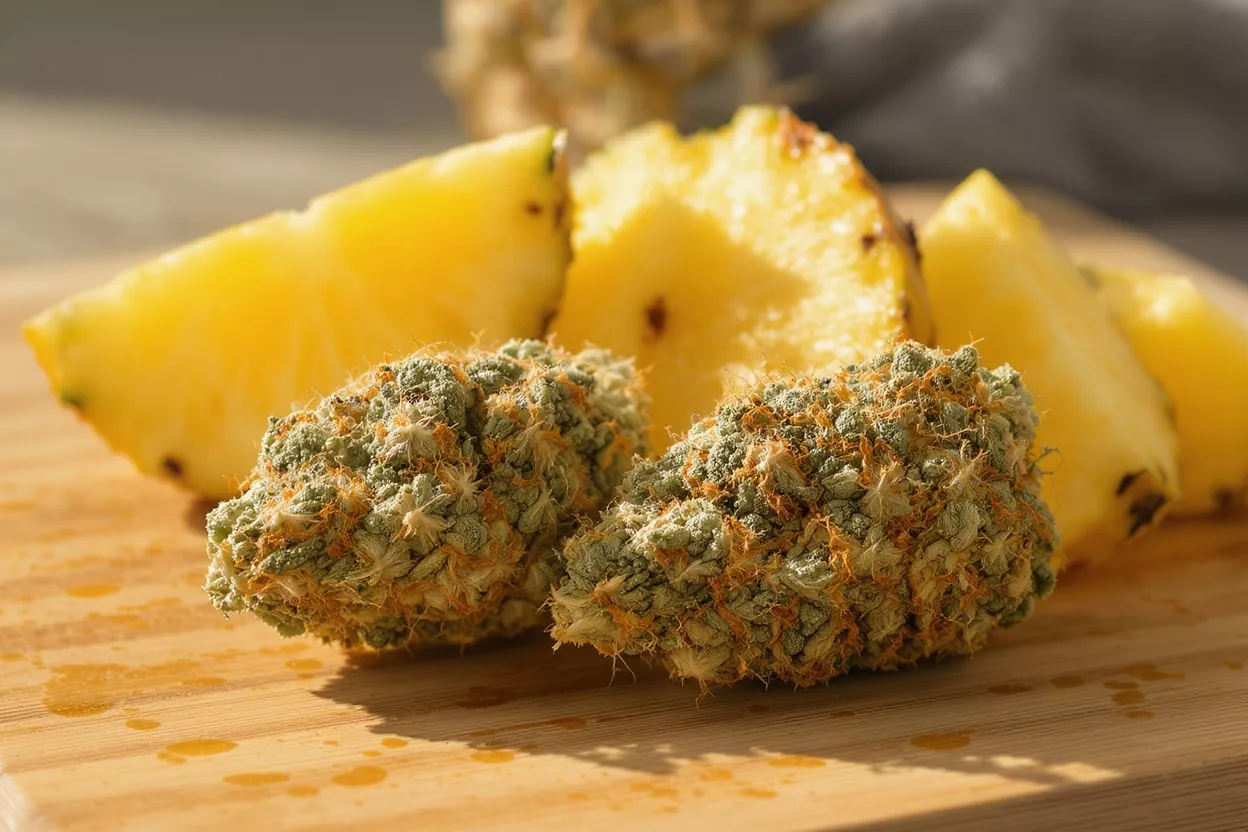 Two cannabis buds with pineapple slices on a wooden cutting board.
