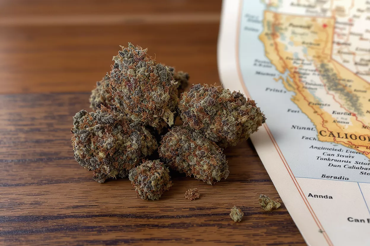 Bourgeons de Cannabis et Carte de Californie Gros plan de bourgeons de cannabis sur une surface en bois à côté d'une carte de Californie.