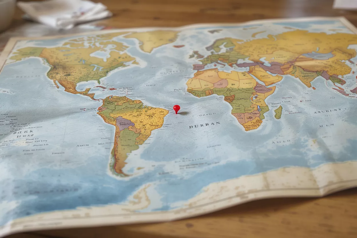 A vintage world map with a red pushpin marking a location in the ocean.