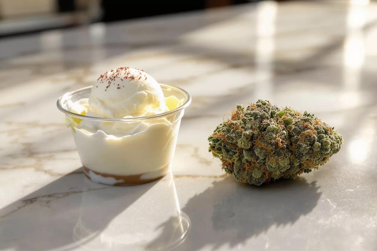 A cup of ice cream next to a cannabis bud on a marble surface.