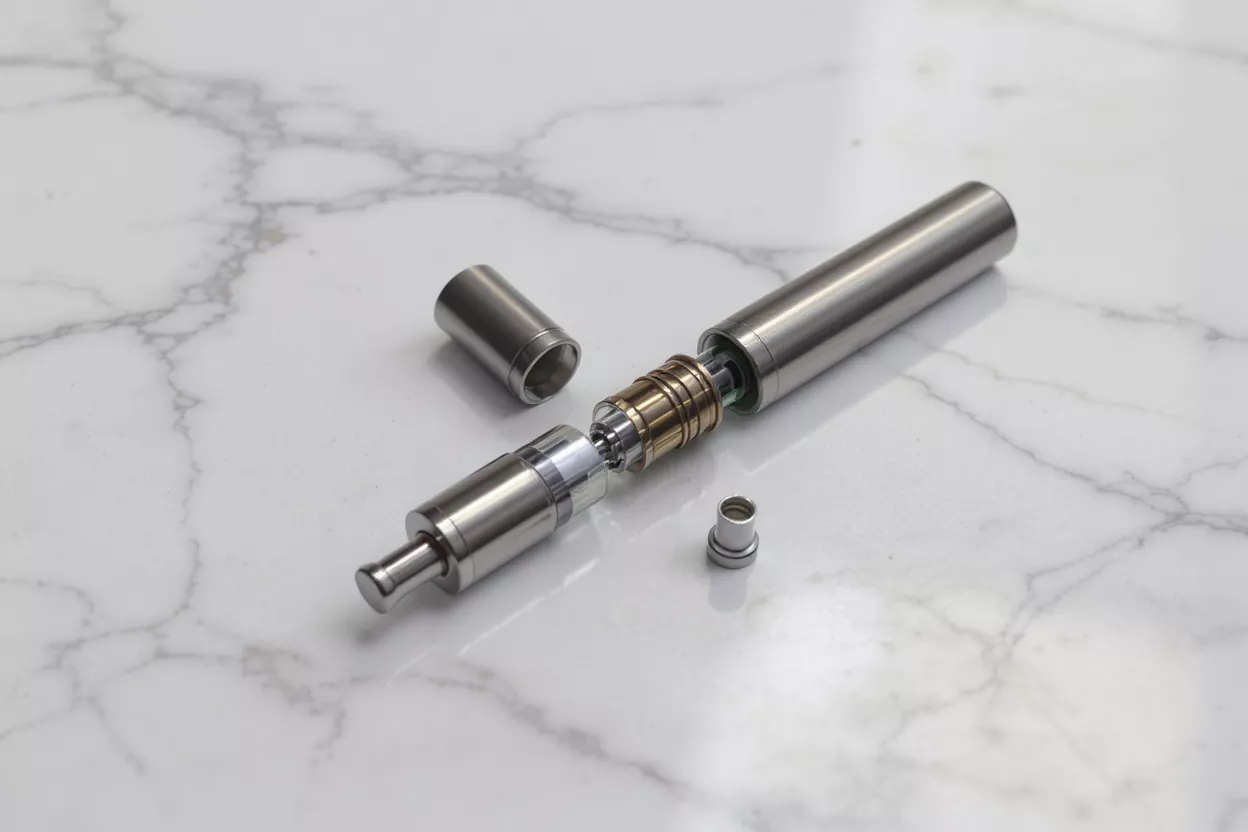 Componentes de un bolígrafo de vapeo desmontado Primer plano de un bolígrafo de vapeo desmontado mostrando sus componentes internos sobre mármol.