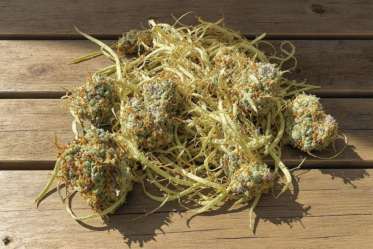 Close-up of dried cannabis buds with light green fibers on a wooden table.