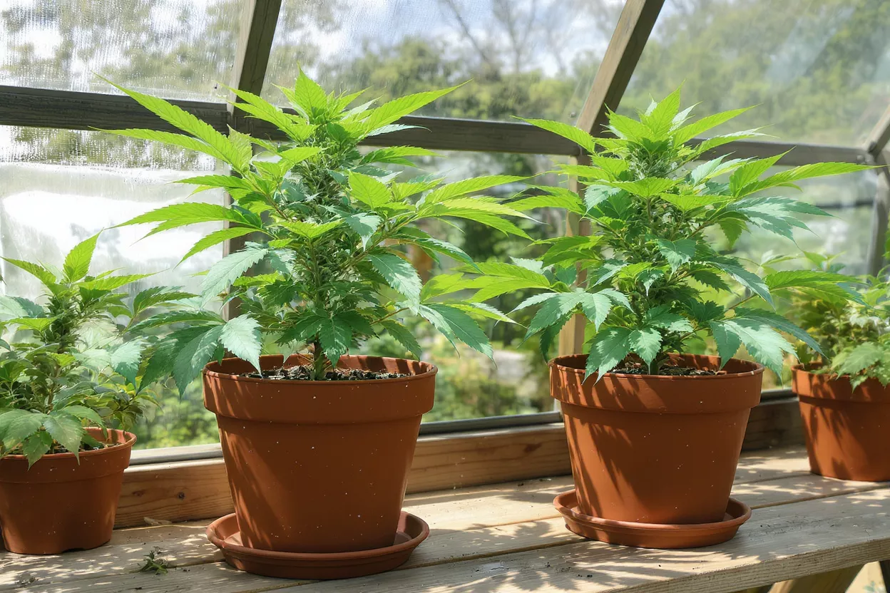 Varias plantas de cannabis de verde vibrante creciendo en macetas de terracota dentro de un invernadero soleado.