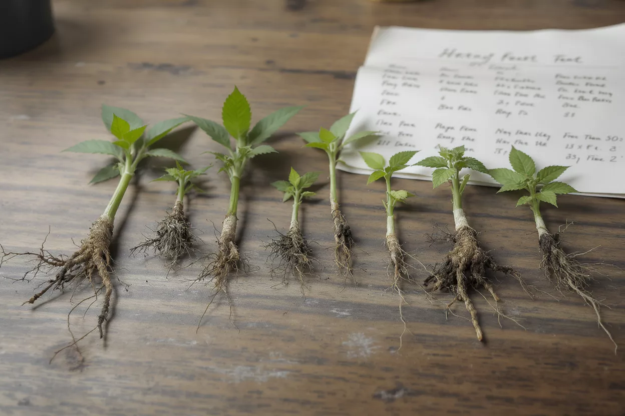 Esquejes de plantas enraizados Siete pequeños esquejes de plantas con raíces sobre una mesa de madera junto a notas escritas a mano.