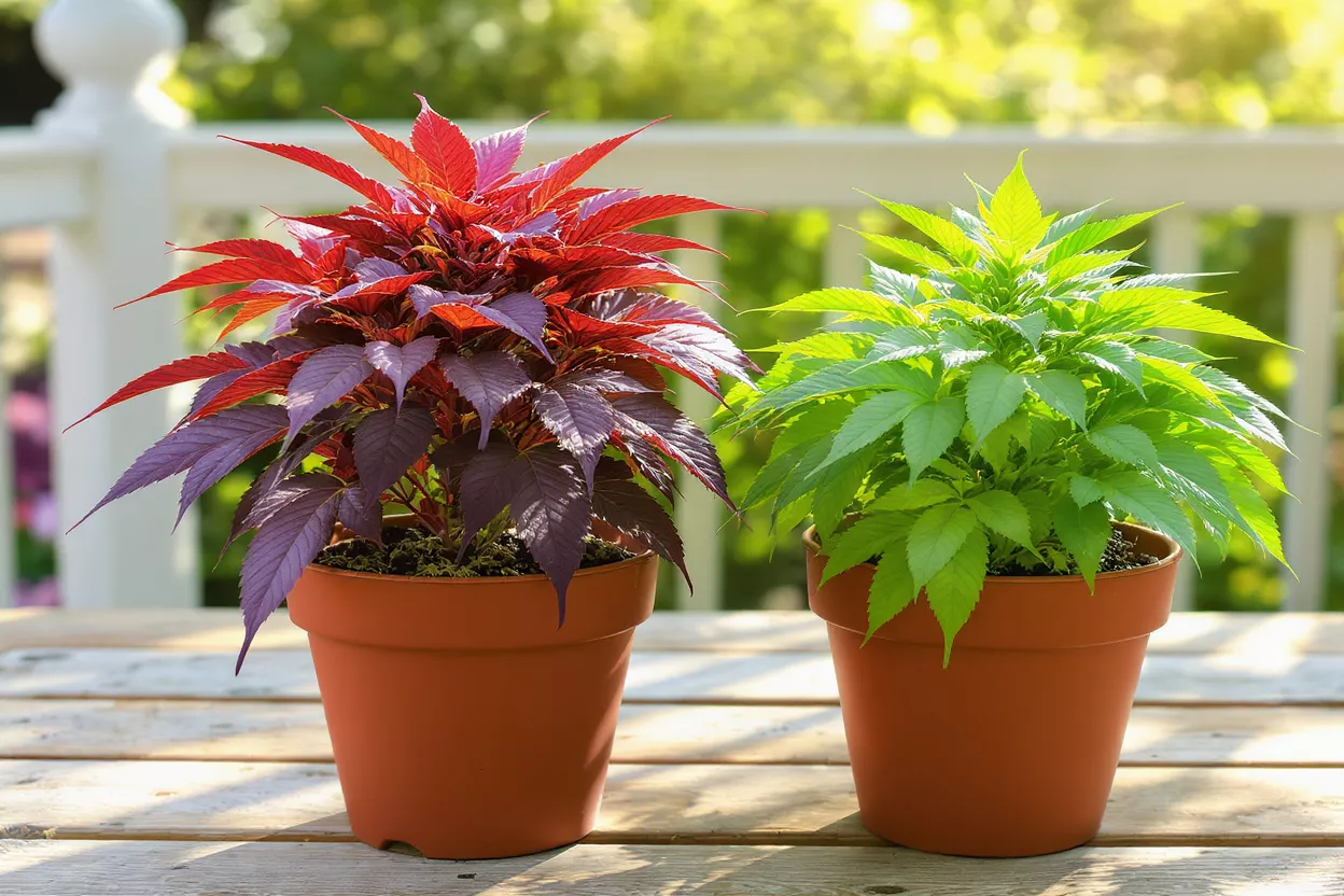 Two potted plants, one with red-purple leaves and one with bright green leaves.