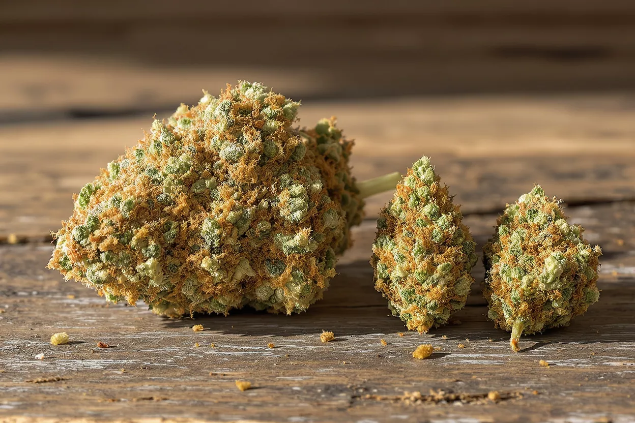 Trois boutons de cannabis aux teintes vertes et orange sur une surface en bois rustique.