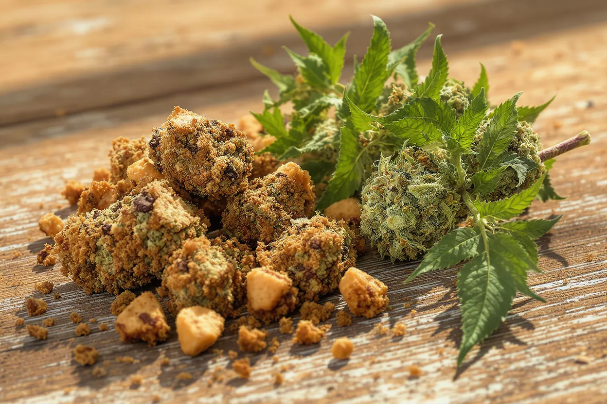 Close-up of cannabis nugs and moon rocks on a rustic wooden surface.