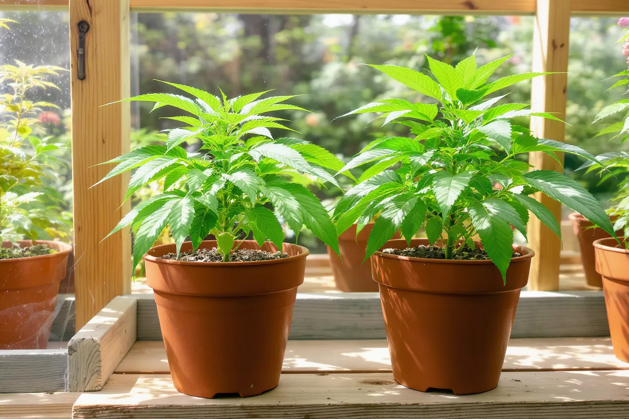 Two vibrant green plants in brown pots on a wooden shelf in bright sunlight.