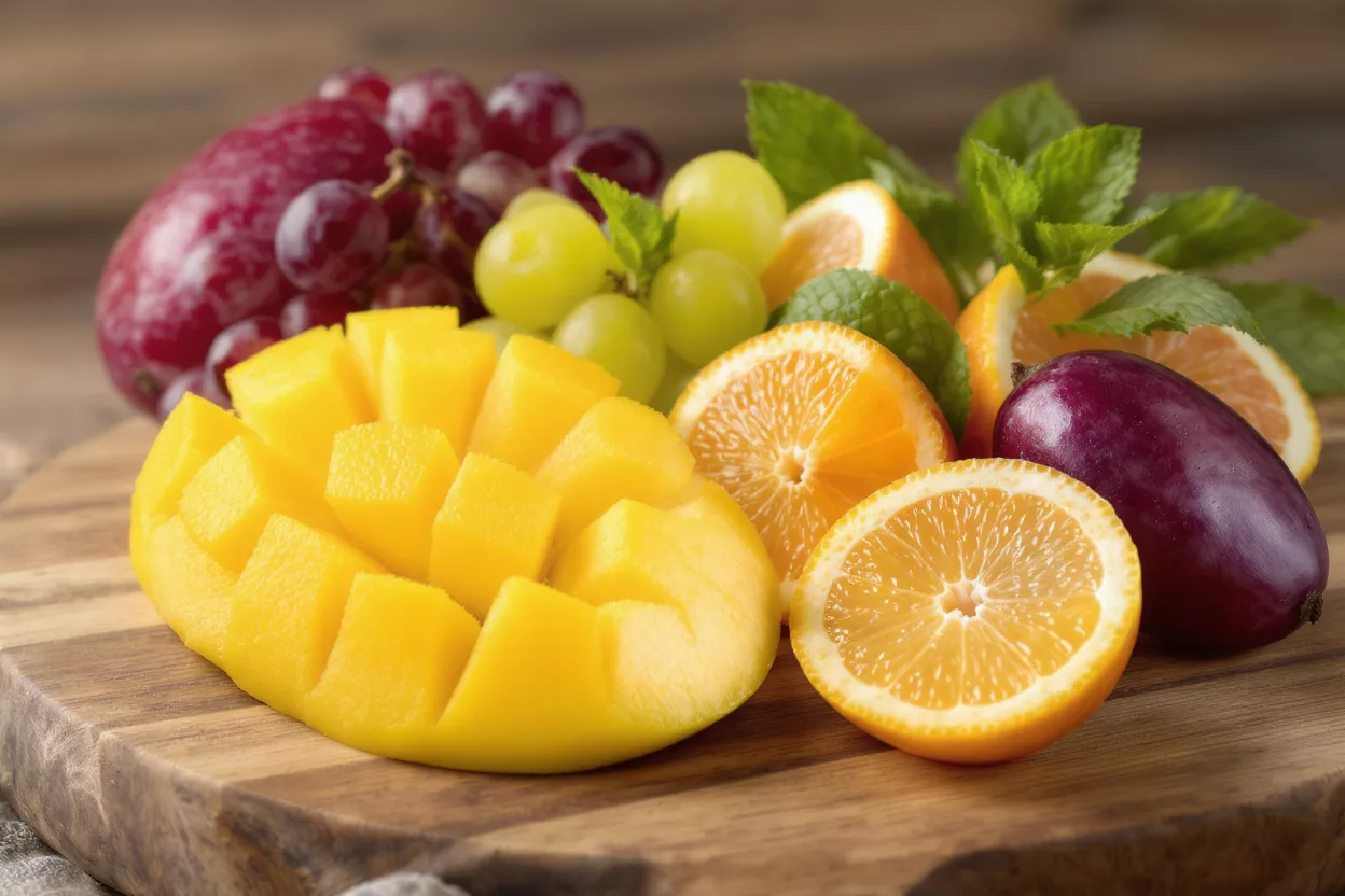 A vibrant platter of fresh fruits including mango, grapes, oranges, and plums.