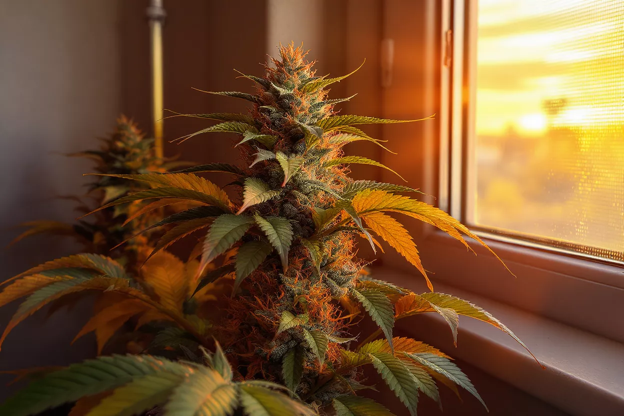 A vibrant cannabis plant with rich green and orange hues bathed in warm sunset light.