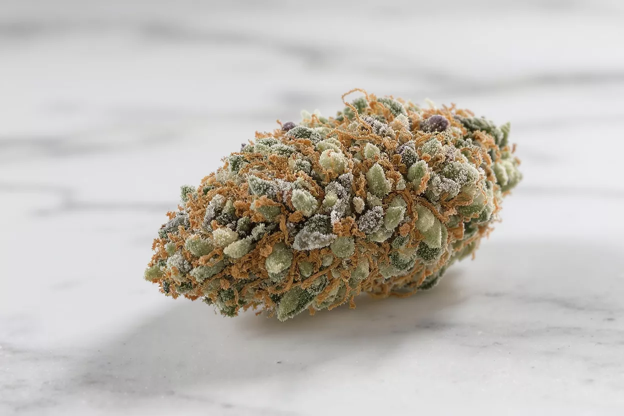 Close-up of a cannabis bud covered in frosty trichomes and orange hairs.