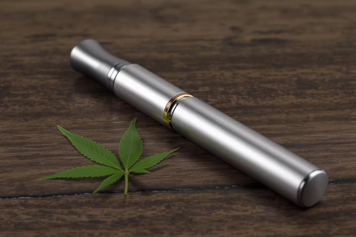 Vaporisateur argenté avec bande dorée à côté d'une feuille de cannabis verte sur du bois.