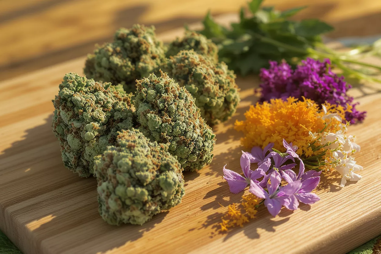 Close-up of cannabis buds with purple, orange, and white flowers on a wooden board.