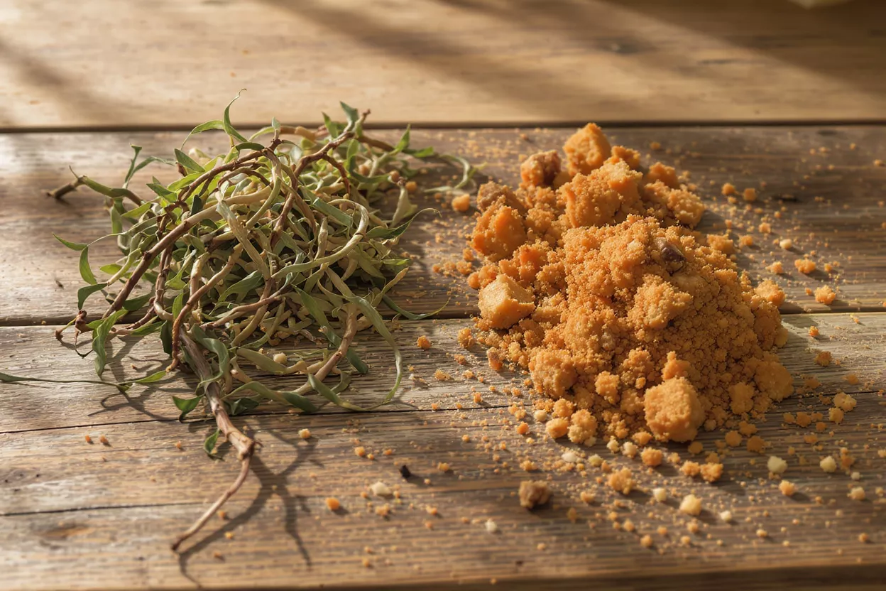 Fresh green samphire and a pile of golden crumbled biscuits on a wooden surface.
