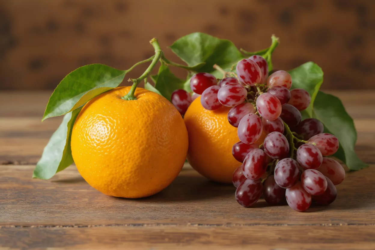 Dos naranjas vibrantes con hojas verdes y un racimo de uvas rojas sobre una superficie de madera.
