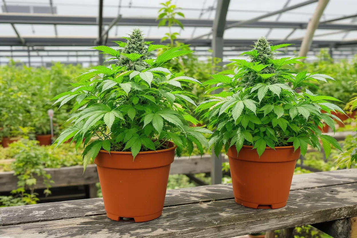 Two vibrant cannabis plants in brown pots on a wooden bench inside a greenhouse.