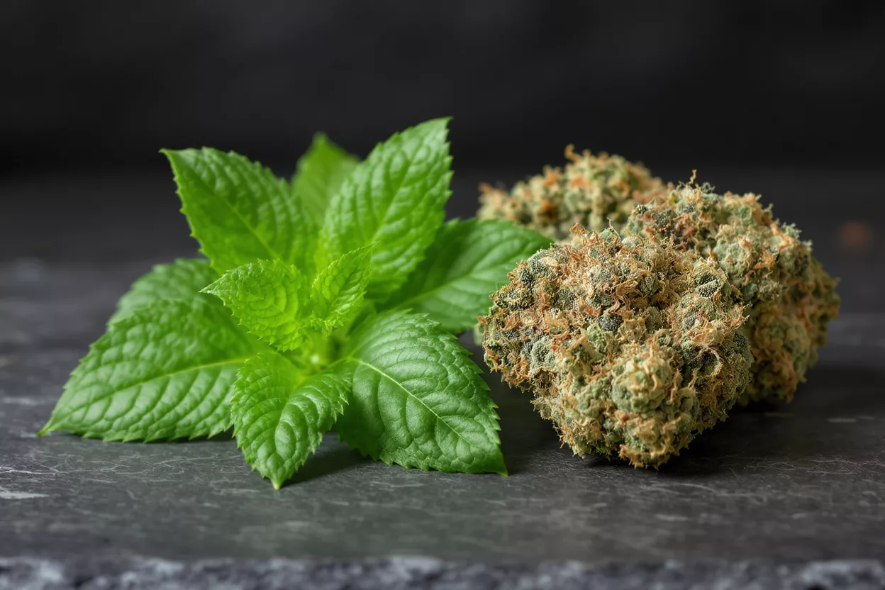Fresh green mint leaves next to two cannabis buds on a dark background.
