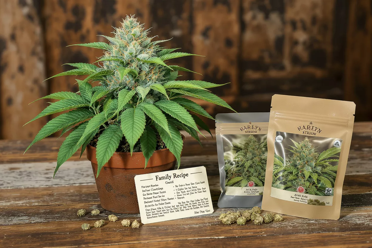 A vibrant cannabis plant next to two product pouches and a recipe card.