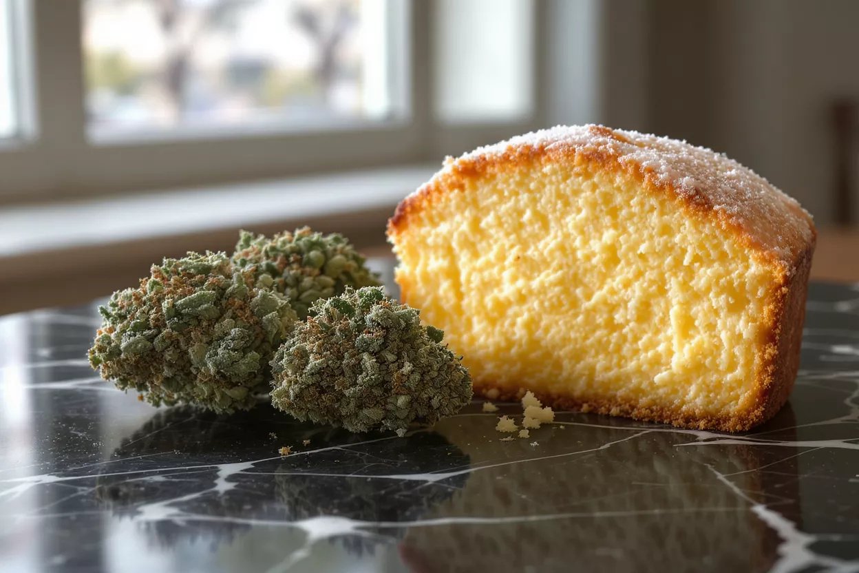 Cannabis buds and a slice of cake on a marble surface.