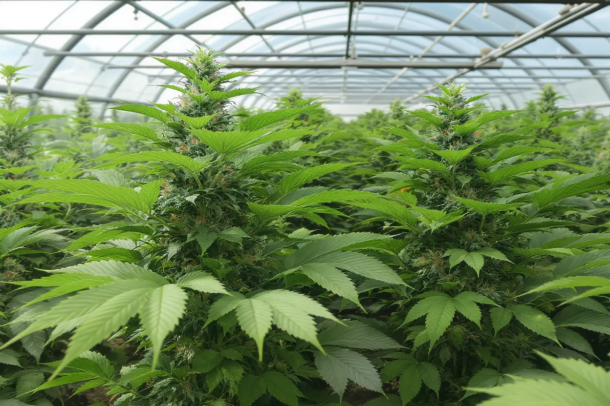 Rangées de plants de cannabis vert vif avec des bourgeons visibles poussant dans une serre.