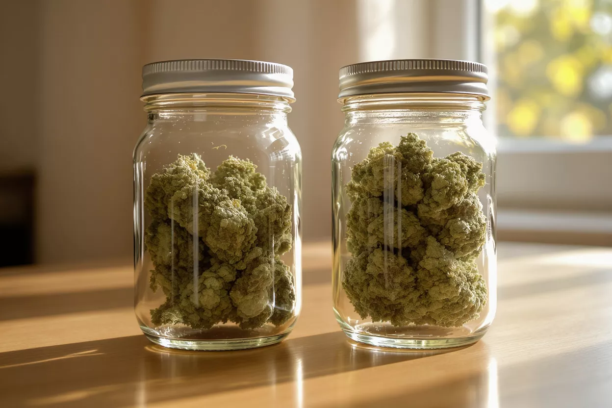 Two glass jars filled with light green cannabis buds on a wooden table.