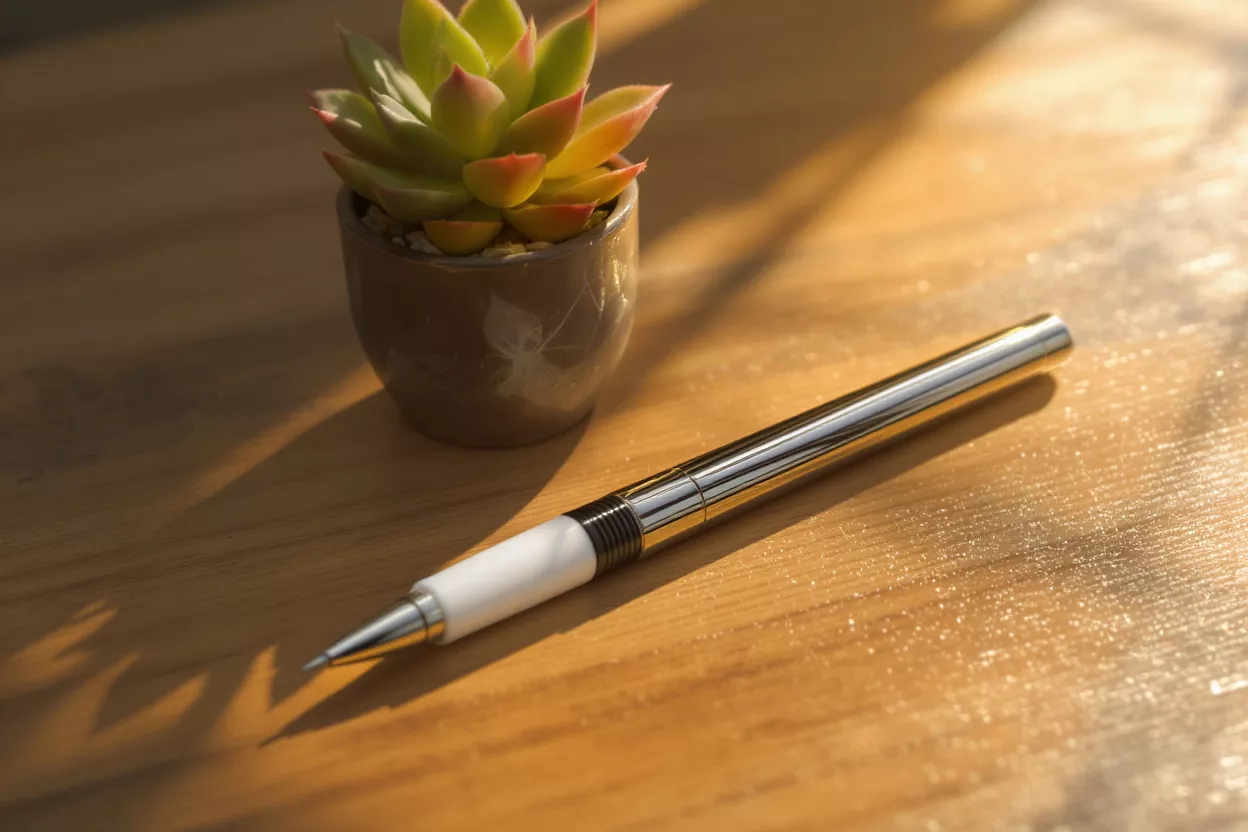 A silver pen with a white grip next to a small succulent plant on a wooden desk.