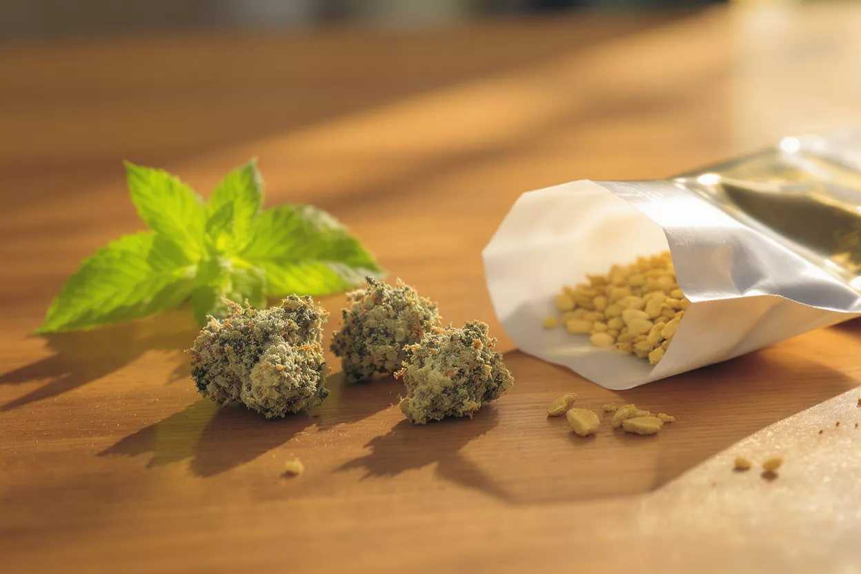 Capullos de cannabis, extracto y menta Tres capullos de cannabis, una hoja de menta y una bolsa de extracto de cannabis sobre madera.