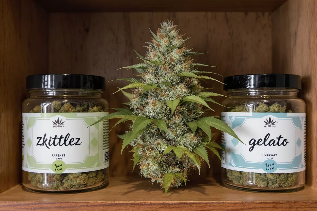 Two jars of cannabis buds, Zkittlez and Gelato, flanking a large cannabis flower.