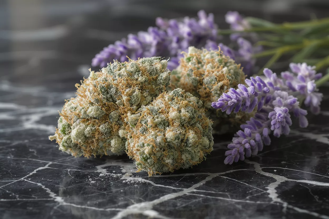 Three cannabis buds with lavender sprigs on a dark marbled surface.