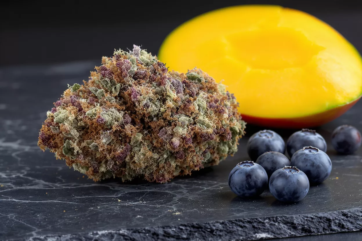 Un vibrante cogollo de cannabis con mango y arándanos sobre una superficie de pizarra oscura.