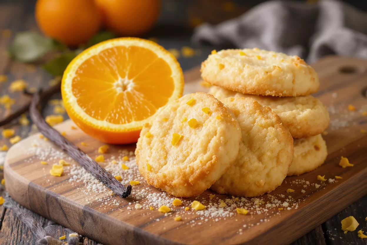 Orange vanilla shortbread cookies with orange zest, vanilla bean, and a halved orange.
