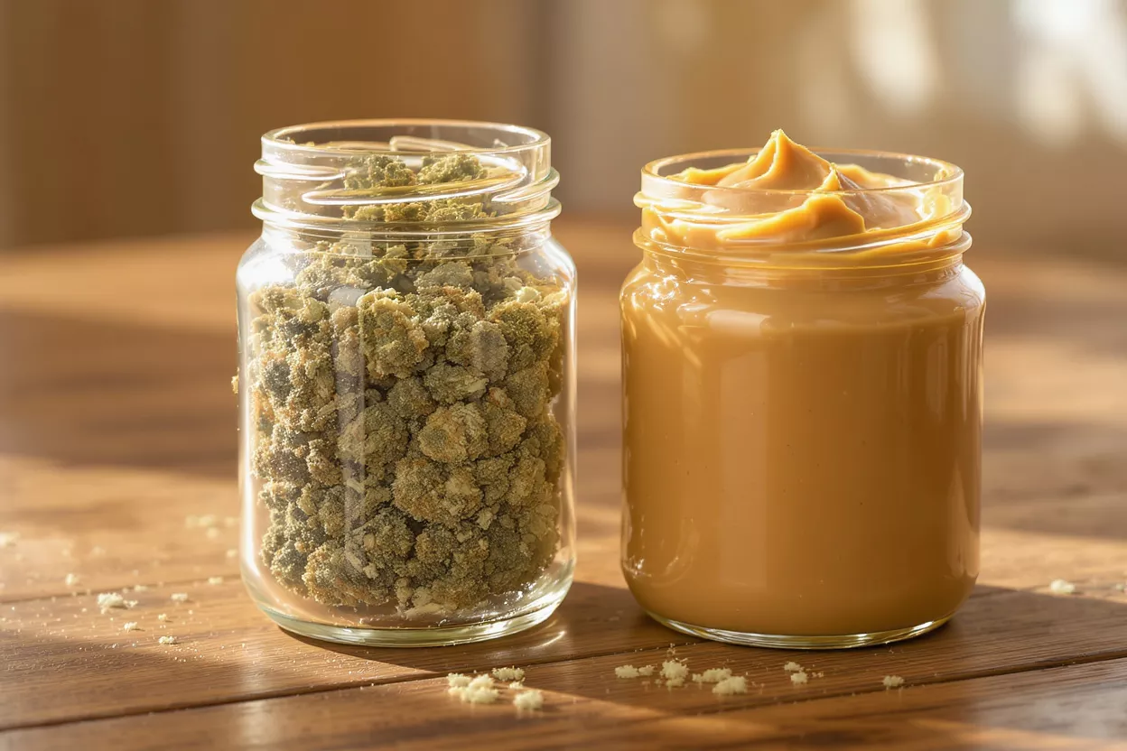 Two open glass jars, one with cannabis, one with peanut butter, on a wooden table.