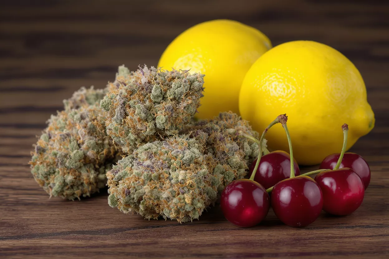 Cannabis buds, bright yellow lemons, and red cherries on a dark wooden surface.