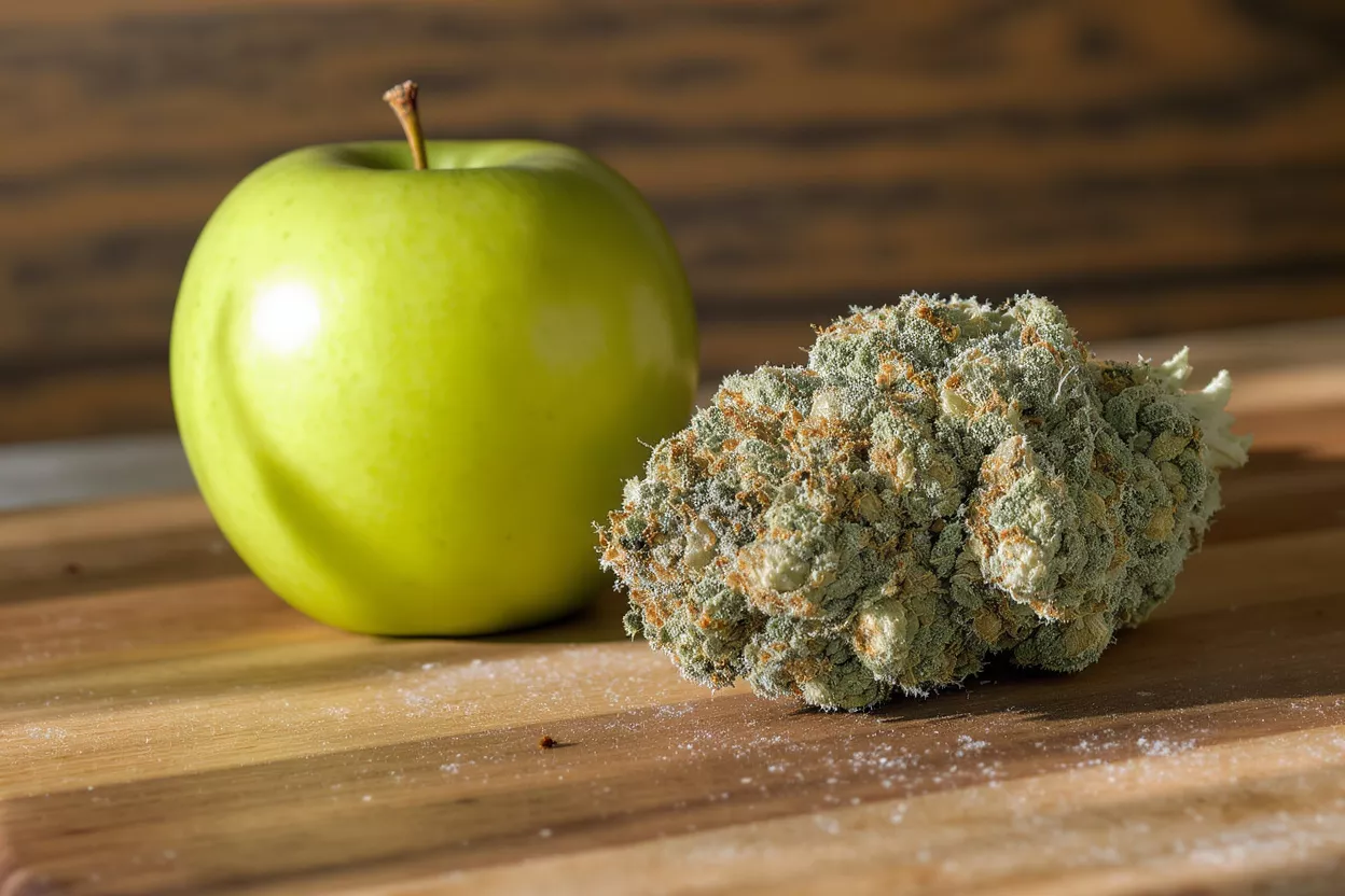 A vibrant green apple next to a dense cannabis bud on a wooden board.