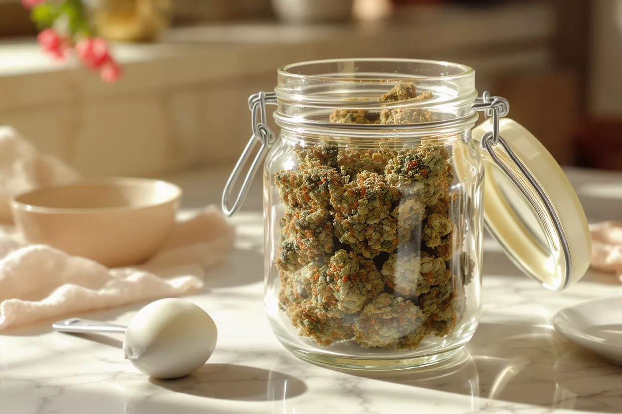 Close-up of cannabis buds in a clear glass jar on a marble surface.
