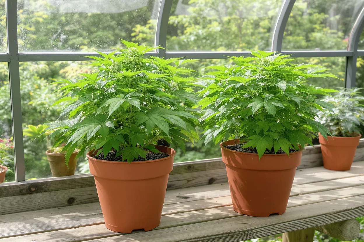 Deux plantes de cannabis vert vif en pots bruns sur un banc en bois dans une serre.
