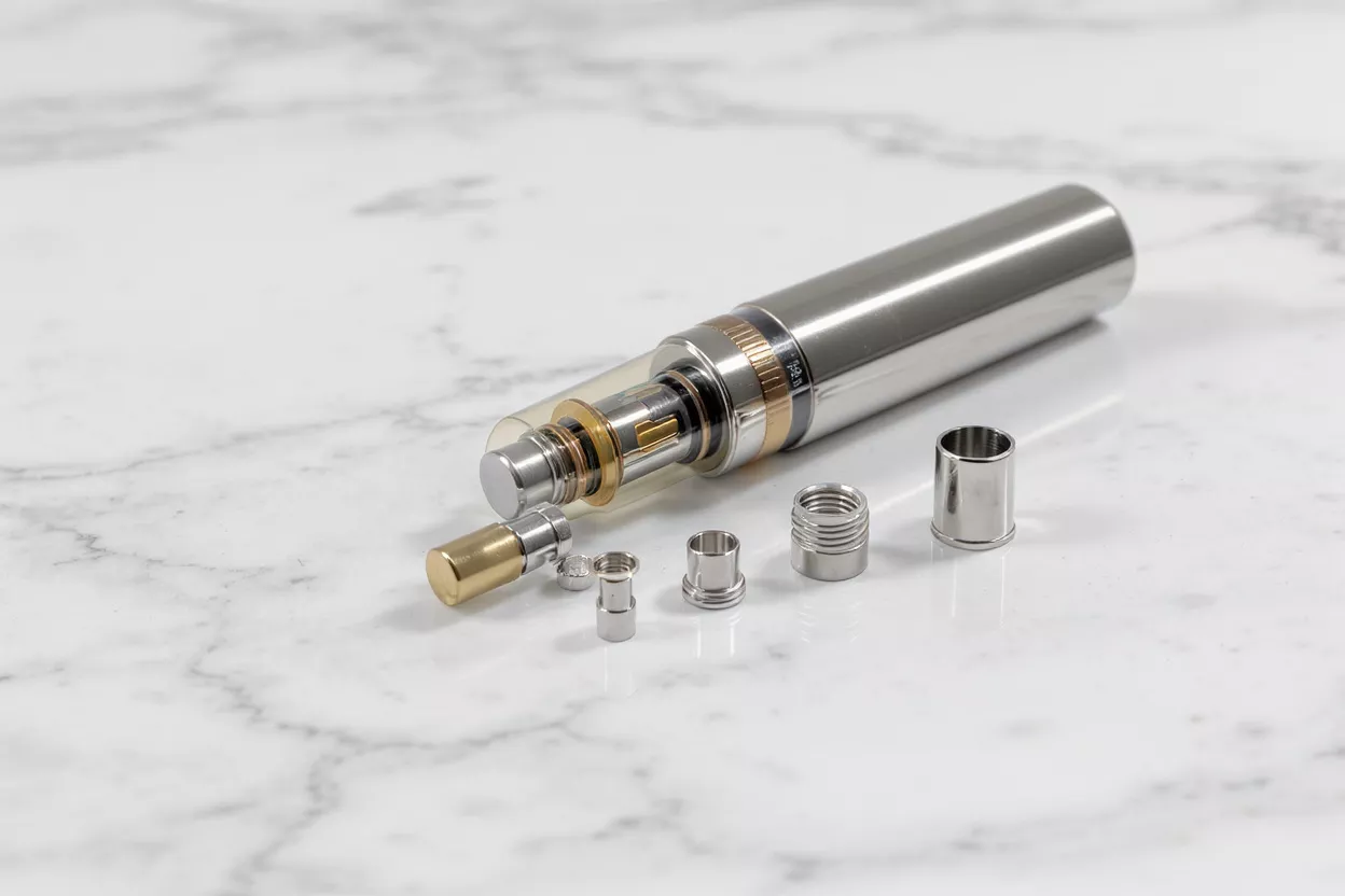 A disassembled vape pen and its components on a white marble surface.