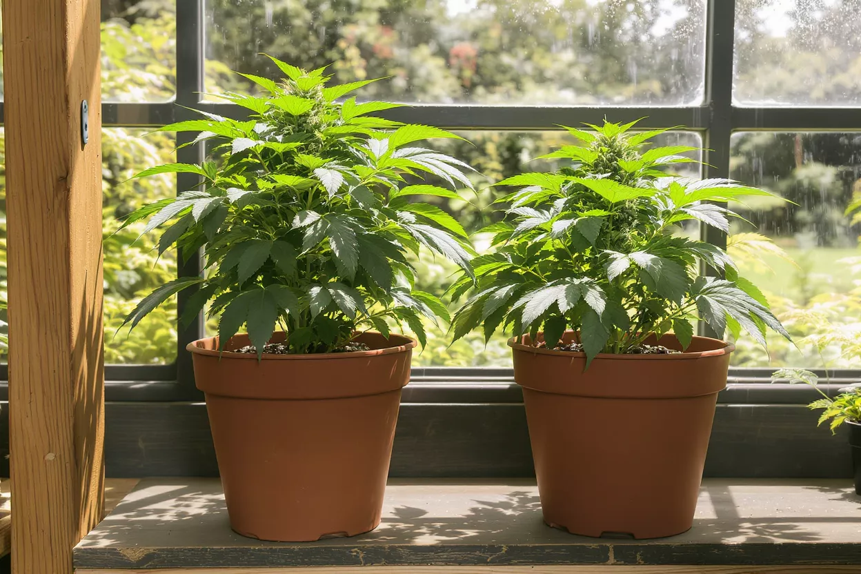 Two vibrant green cannabis plants in brown pots on a windowsill, sunlit.