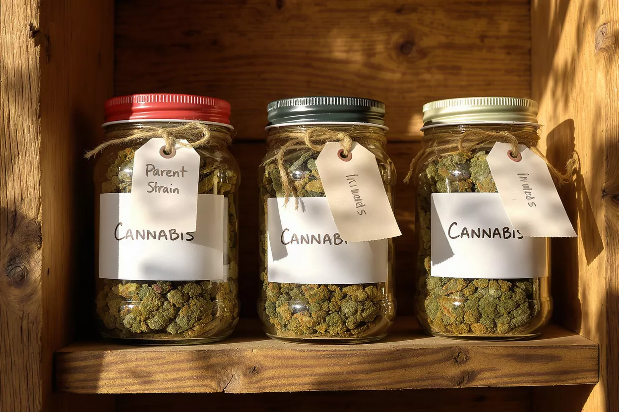 Three glass jars filled with cannabis buds, labeled, on a rustic wooden shelf.