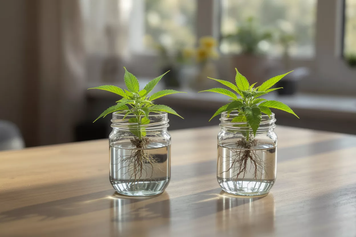 Dos esquejes de cannabis con raíces visibles en frascos de vidrio transparente con agua sobre una mesa de madera.