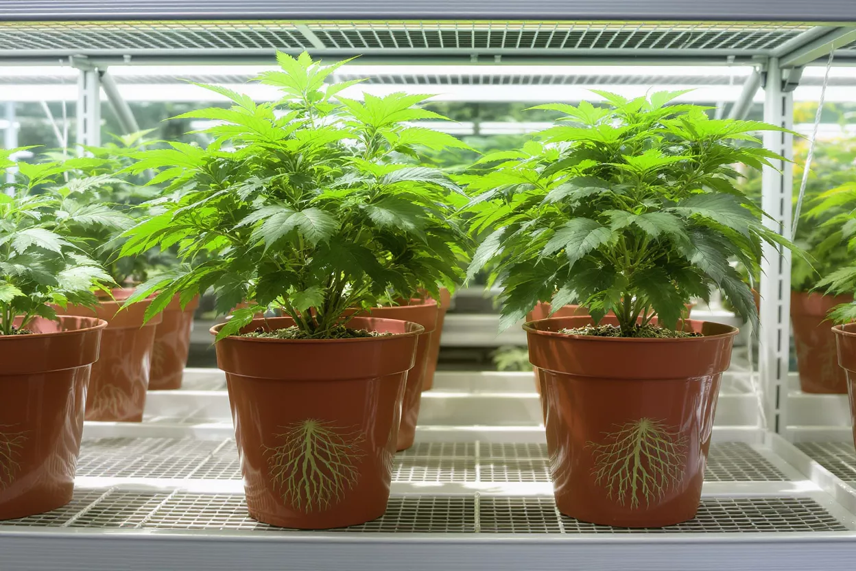 Several vibrant green cannabis plants in brown pots with root illustrations on a hydroponic shelf.