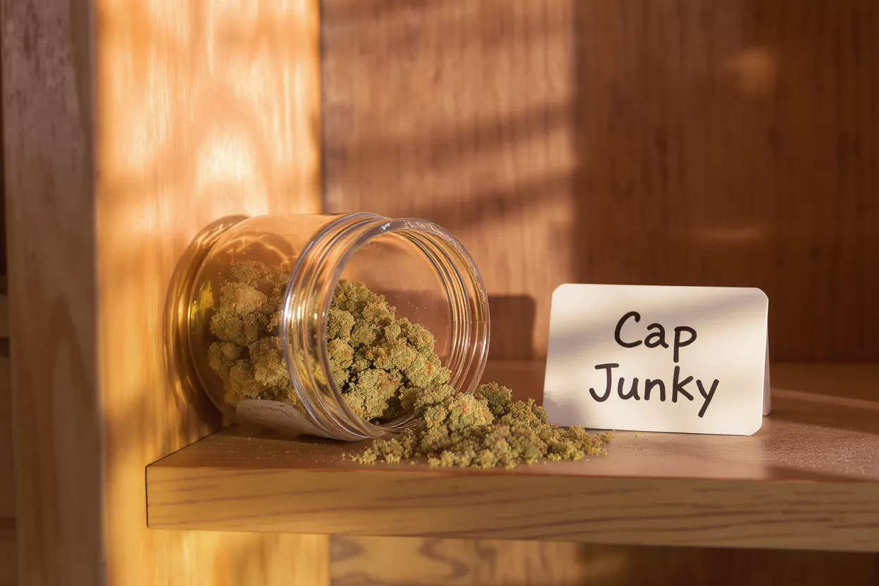 Un bocal en verre de fleurs de cannabis Cap Junky renversé sur une étagère en bois.