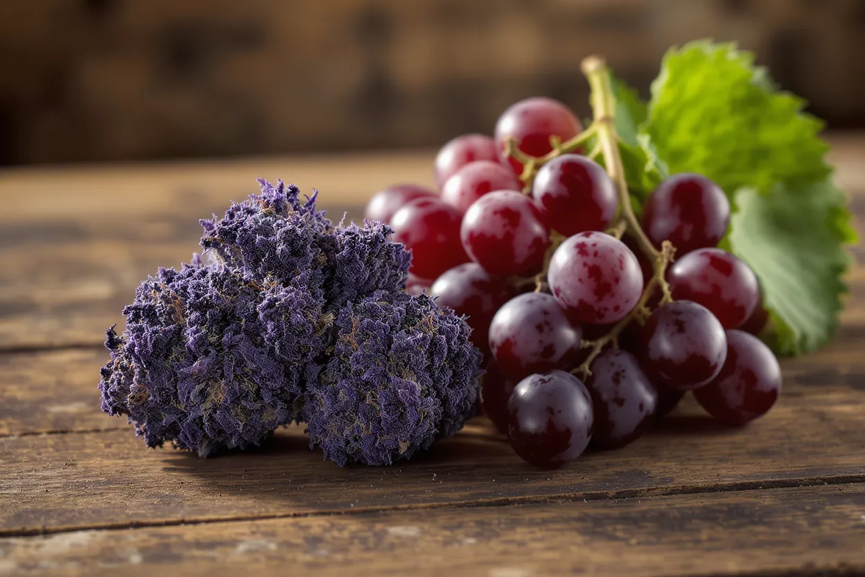 Primer plano de cogollos de cannabis morados vibrantes junto a un racimo de uvas rojas.
